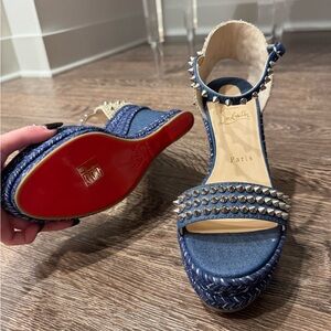 Christian Louboutin Blue and Silver Studded Wedges